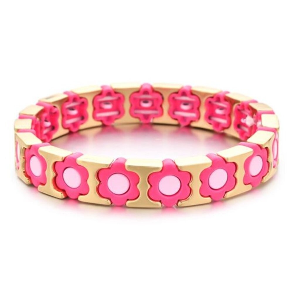 Flower Enamel Tile Bracelet Women Floral Charm Pink Gold Stretch Vintage Girly